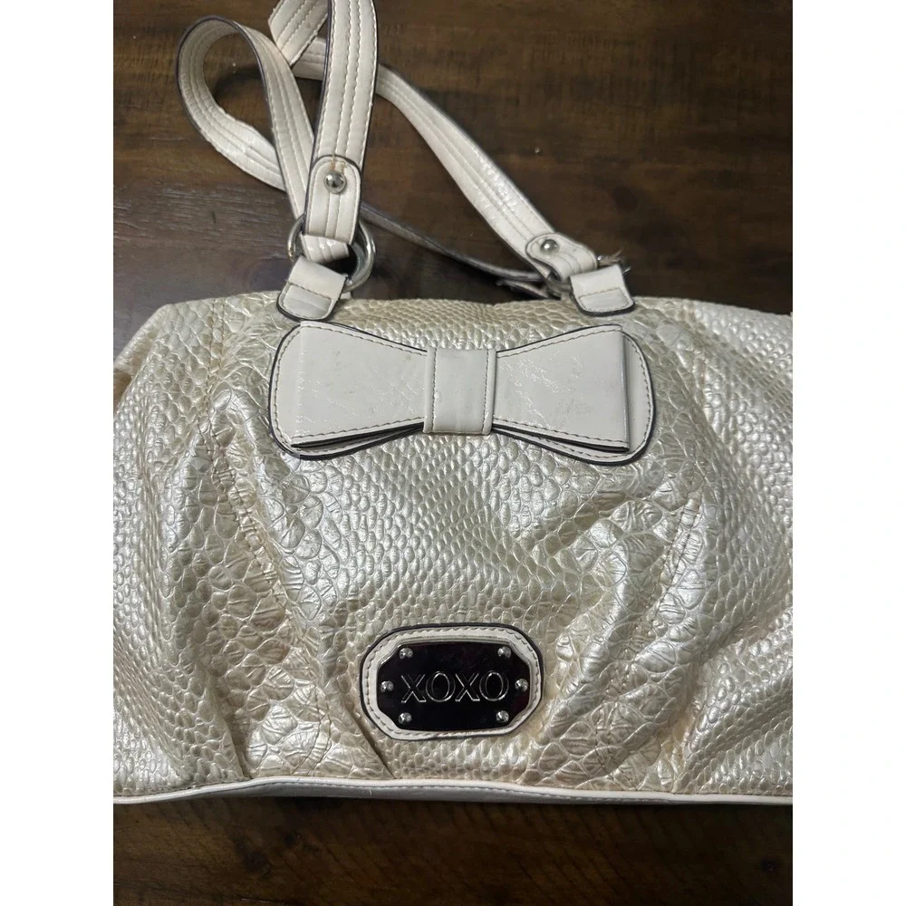 XOXO Cream‎ Faux Snakeskin Embossed Satchel Handbag with Bow Detail Silver Logo